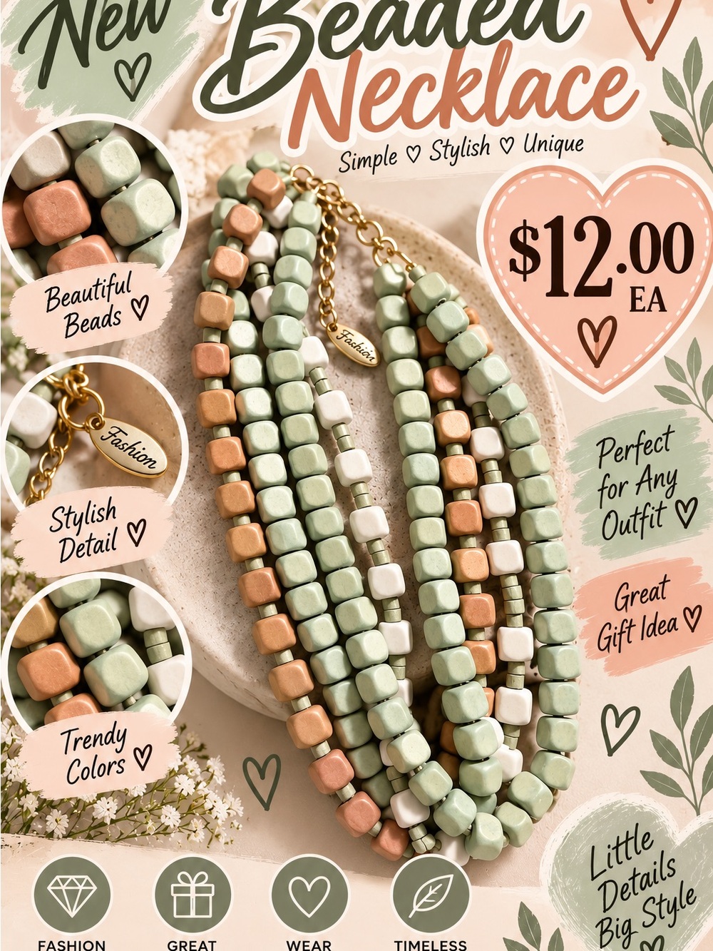 Plunder Beaded Multi-Strand Necklace — Sage Green, Peach & White